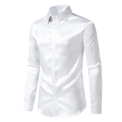 Men's Casual Satin Silk Shirts Single Breasted Button Lapel Collar Dress Shirt Slim Fit Fashion Party Long Sleeve Tops Clothing