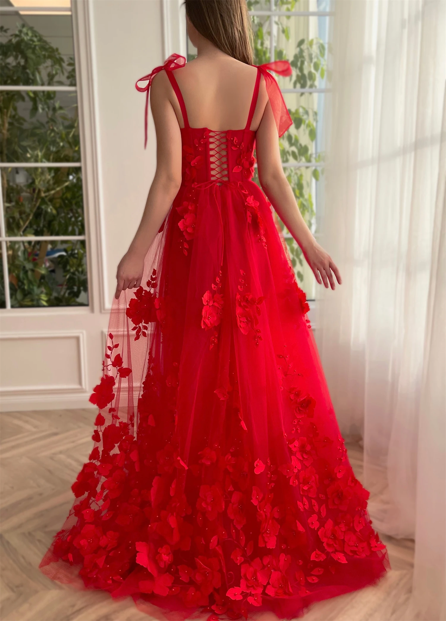 Aileen Red Tulle Prom Gowns For Women 3d Flower Spaghetti Strap Long Evening Dresses Prom Party Bridesmaid Gowns customized