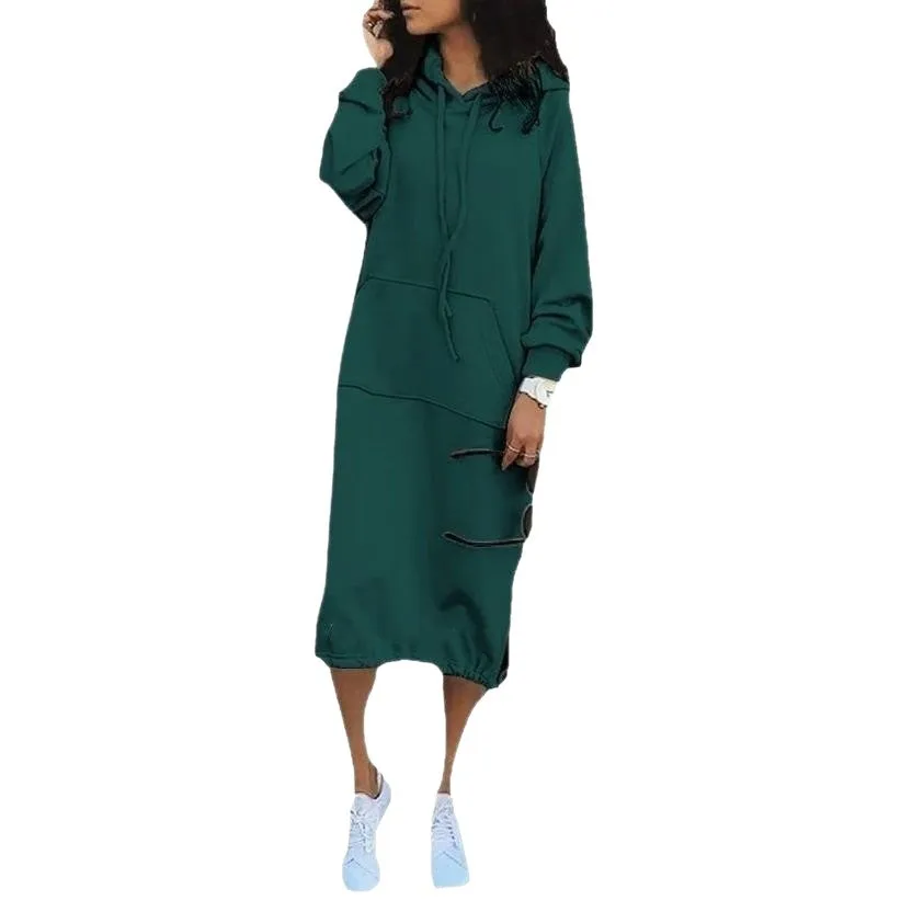 Hooded Pocket Loose Fit Commute Style Hoodie with Long Sleeve Long Length Regular Thickness Pullover Winter Women Hoodie