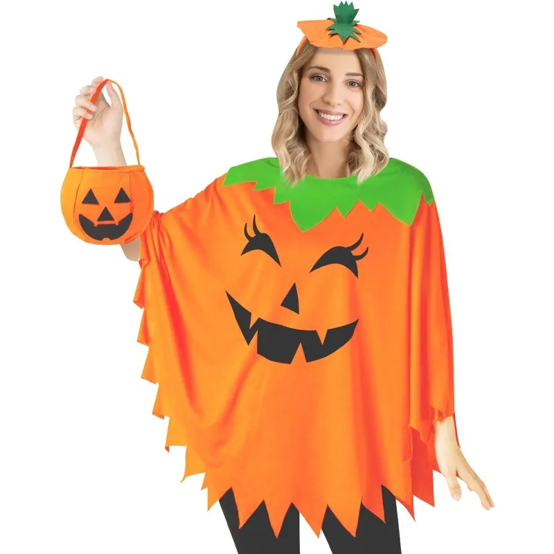 

3 PCS Pumpkin Costume for Women,Halloween Pumpkin Poncho for Adults,Halloween Costume with Accessories for Women