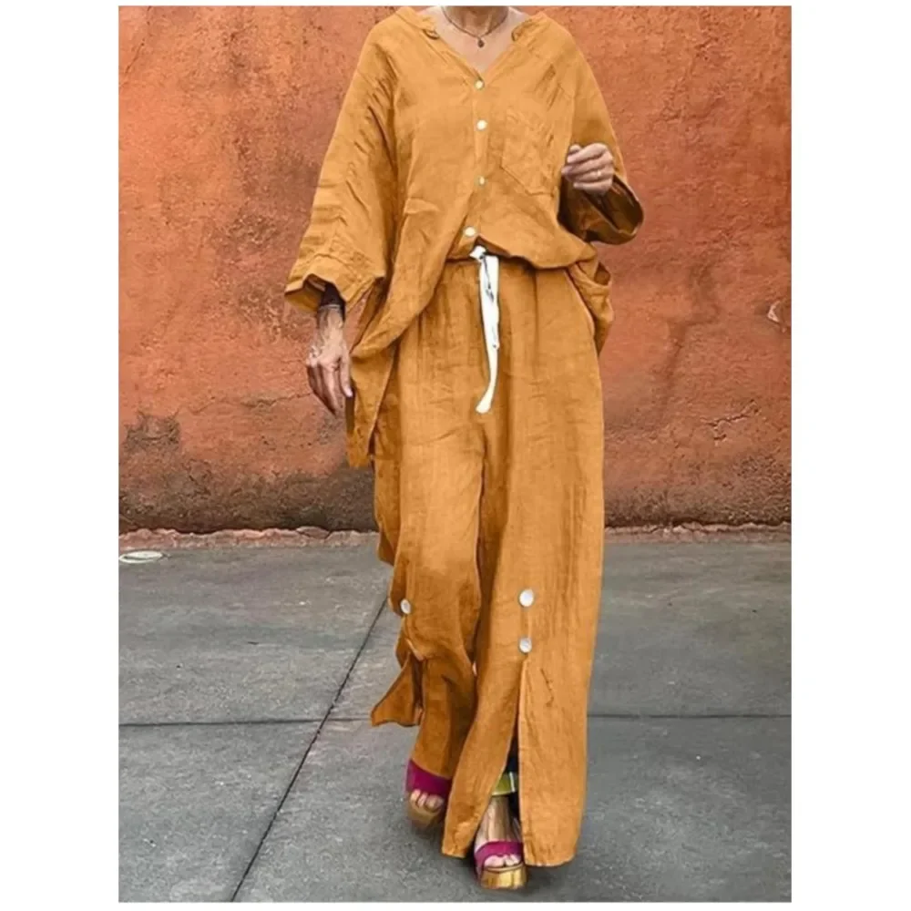 CPSYMYM Fashion Cotton Linen Long-sleeved Shirt Long Pants 2 Piece Set Women's Autumn Casual Loose Wide-leg Split Long Pants Set