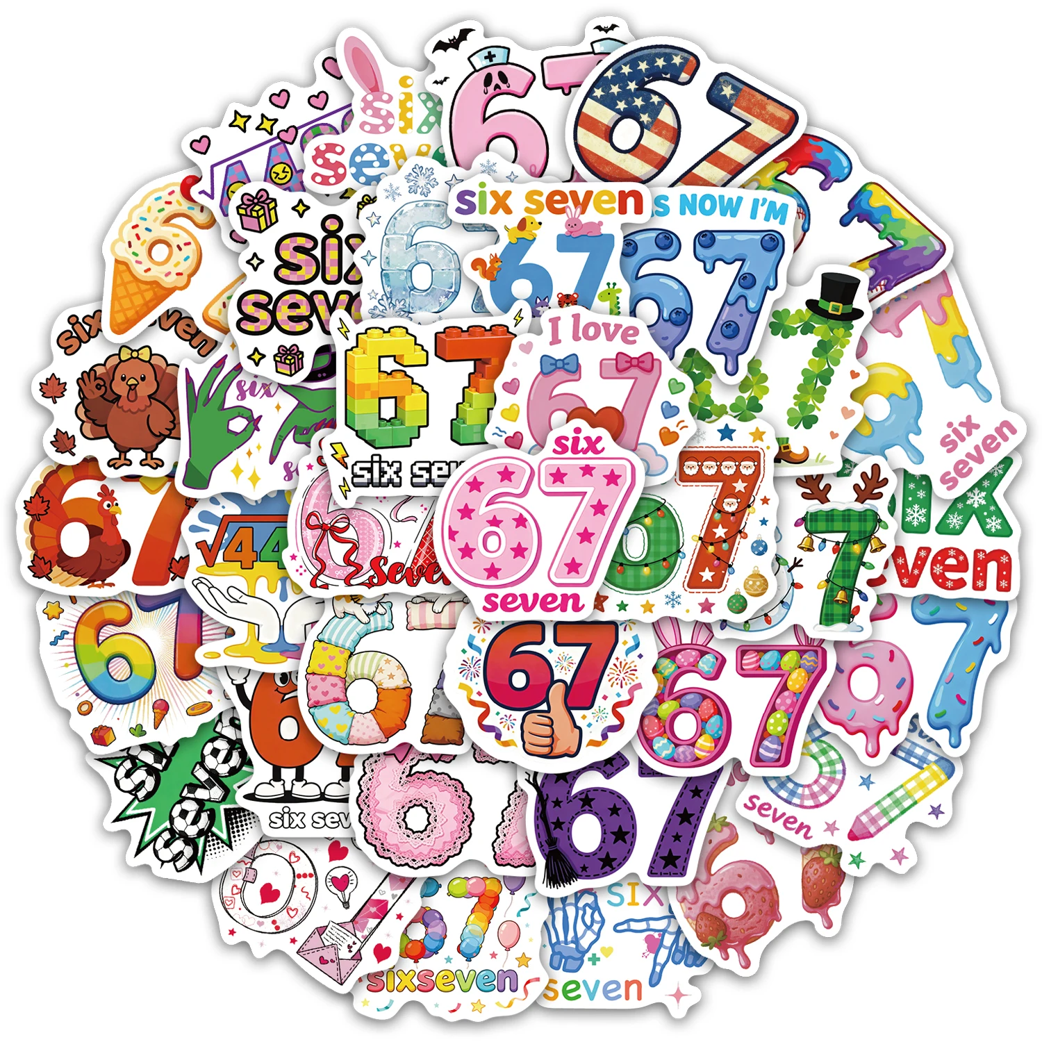 50 SZTUK Naklejek z Numerami Sześć Siedem 6-7 w Stylu Amerykańskich Influencerów Internetowych DIY na Obudowę Telefonu Laptop Kubek na Wodę Komputer Zabawki