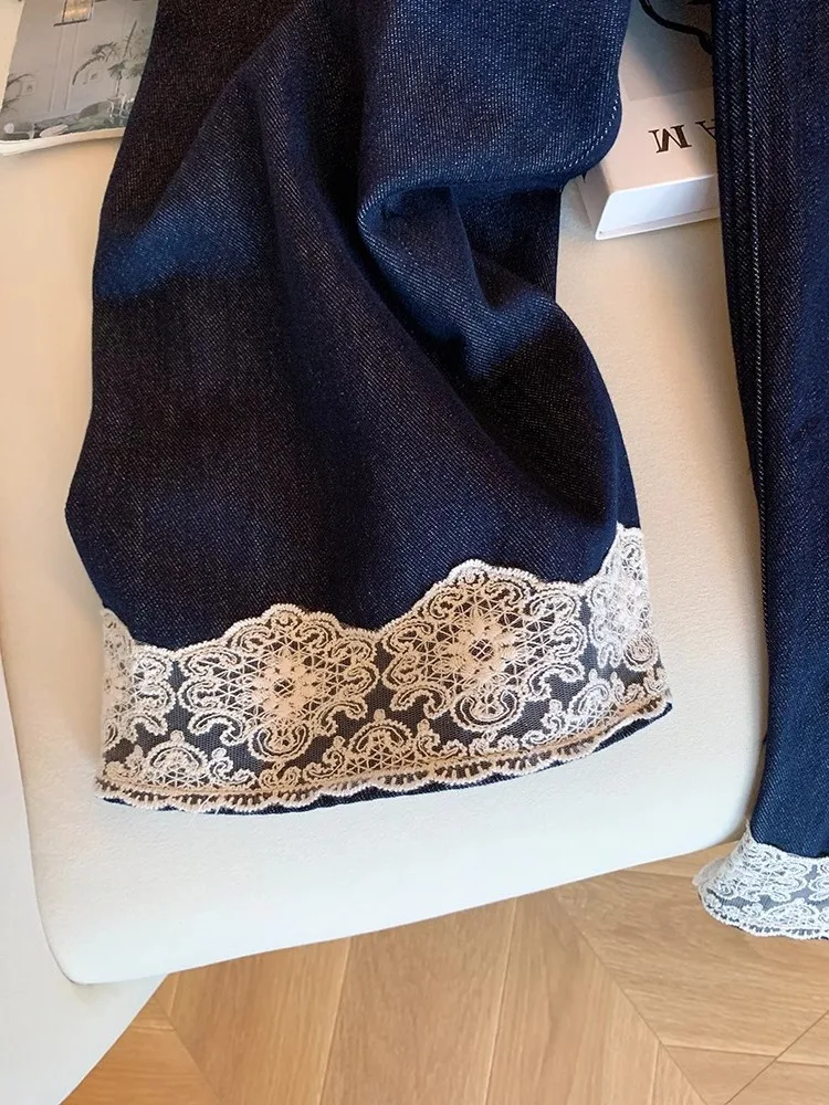 

High Waist Straight Leg Denim Pants Vintage Patchwork Autumn Slimming Loose Fit ex Korean Sle Casual Plant Floral-print