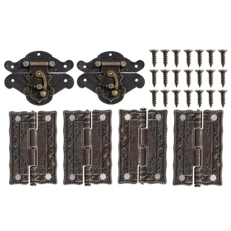 

H7ED Artistic Jewelry Box Hardware Retro Design Decorative Cabinet Antique Buckle Wooden Box 2x for Latch 4x Hinges 28x Screw