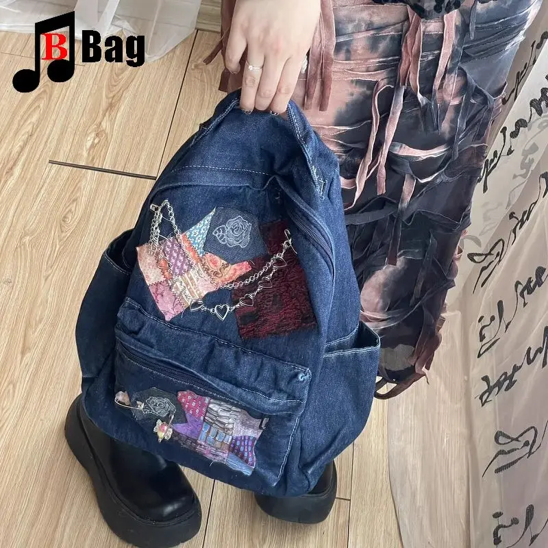 Y2K Gothic women's Girls Punk Handbags Harajuku Denim Splicing irregolare Rose Chain College Style zaino di grande capacità Totes