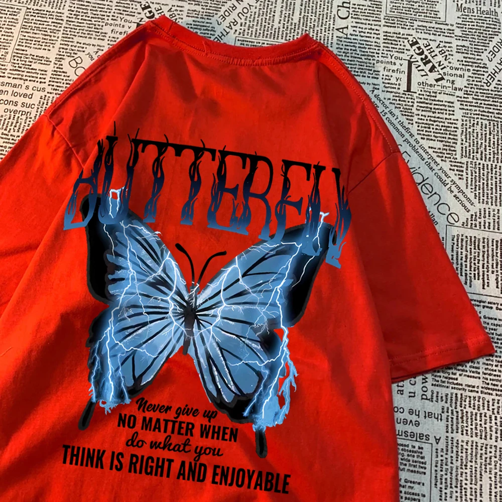 Blue Lightning Butterfly Creative Word T-Shirt Casual T-Shirt Casual Loose Tee Clothes Pattern Quality Tops