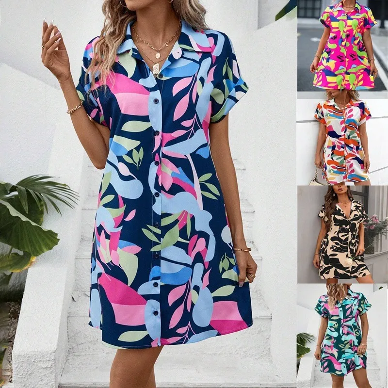 Summer Woman Shirt Dress Floral Print Midi Dress Open Front Collar Button Down Dress Short Sleeve High Waist Shirt Dress