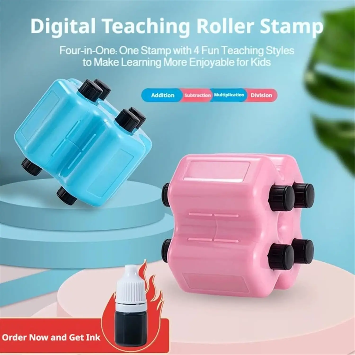 Reusable 4-in-1 Math Roller Stamp Set with Ink, Random Addition, Subtraction, Multiplication, and Division Practice Tool