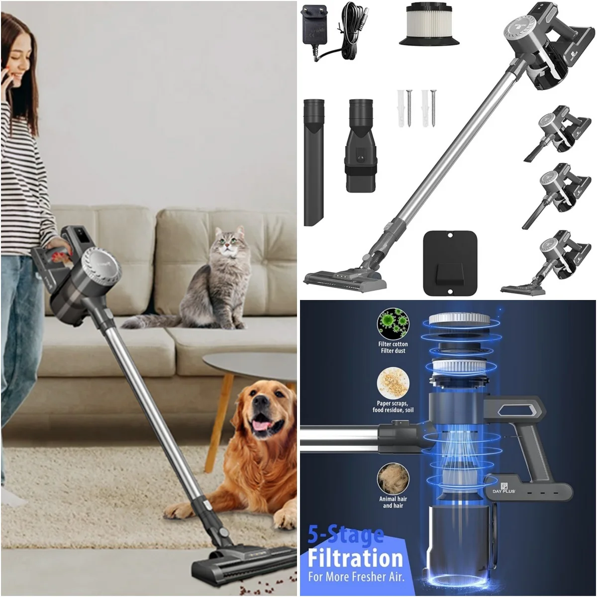 BRIEFNESS 6 in 1 Cordless Stick Vacuum Cleaner, 20000PA Handheld Household Tool with LED Light HEPA Battery with 2 Suction Modes