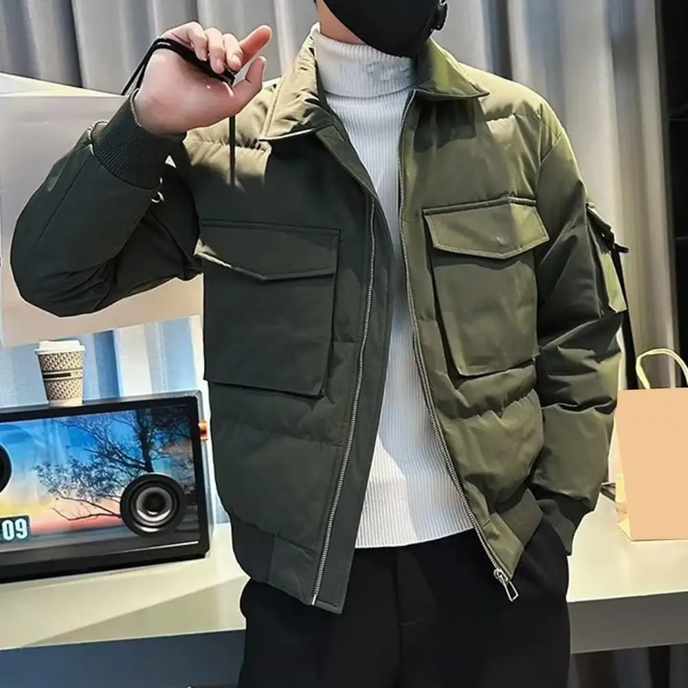 Loose Fit Workwear Jacket Men's Solid Color Zipper Closure Jacket with Lapel Multiple Pockets Casual Hip Hop for Smooth