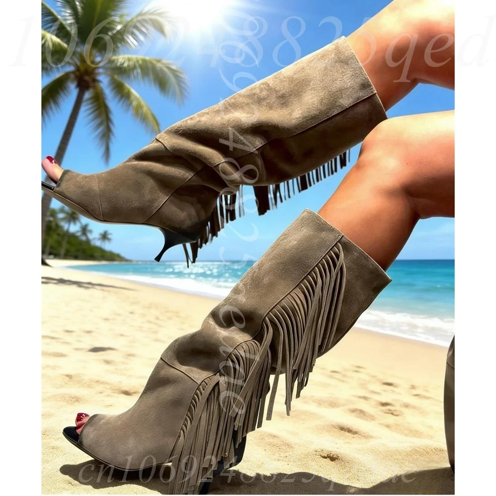 

Women's Taupe Suede Mid Calf Boots, Open Toe Slouchy Design, Tassel Detail, Pull On Style, Fashion Western Booties for Ladies