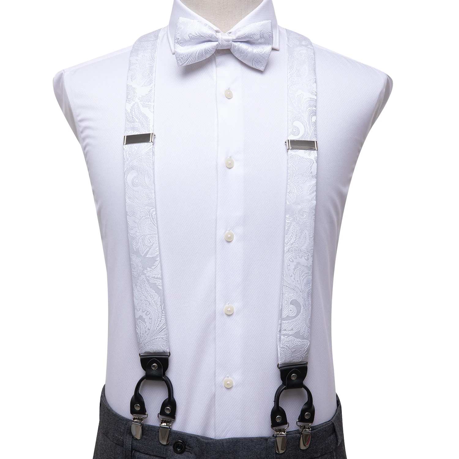 Hi-tie-Conjunto de gemelos de Jacquard de seda blanca para hombre, conjunto de corbata de moño con Clip ajustable, para boda y negocios