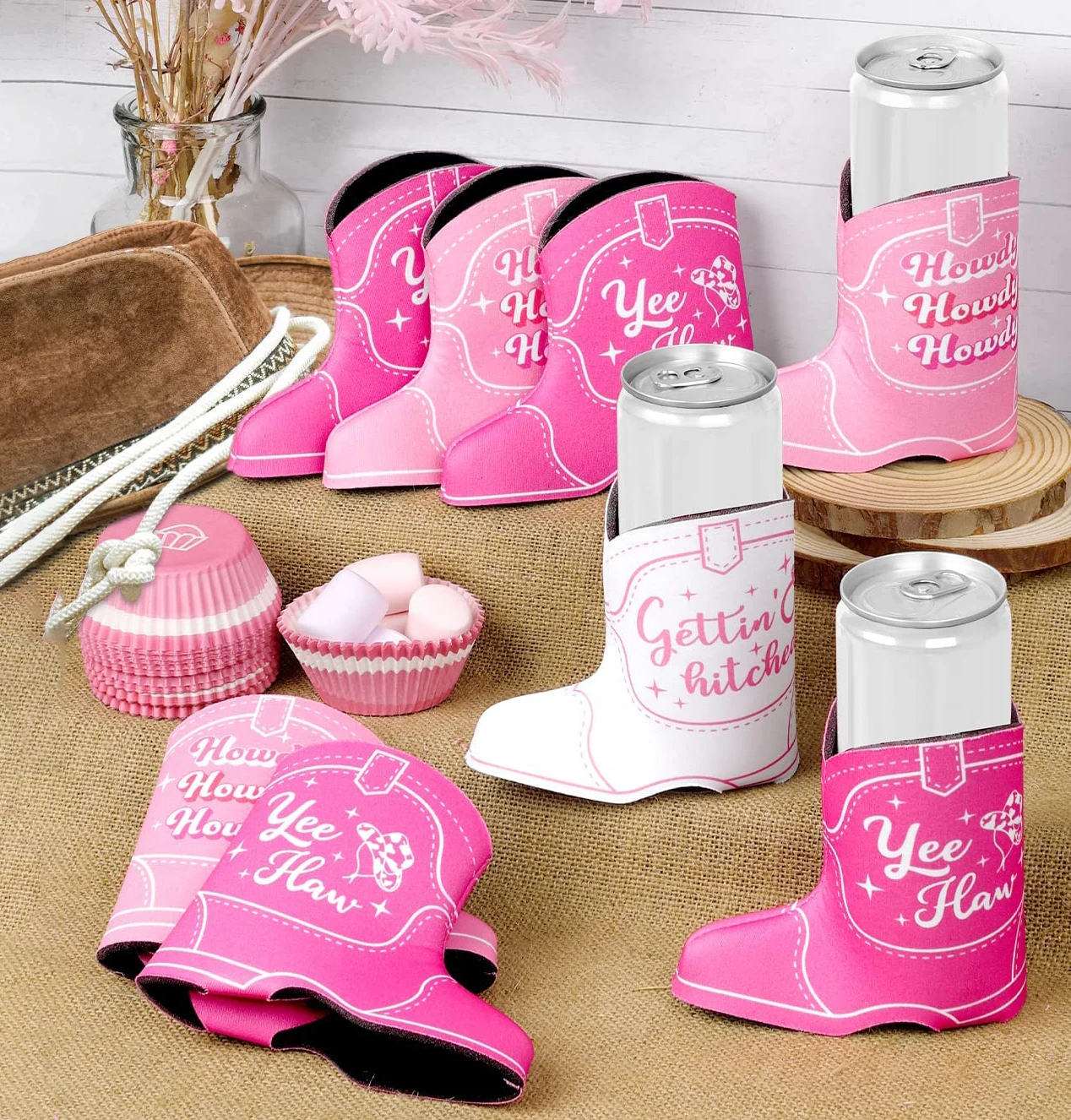 Cute Boot Drink Holders 2pc set, Bachelorette Party Drink Covers for party Insulated Drink Holders Cowgirl Party Decorations