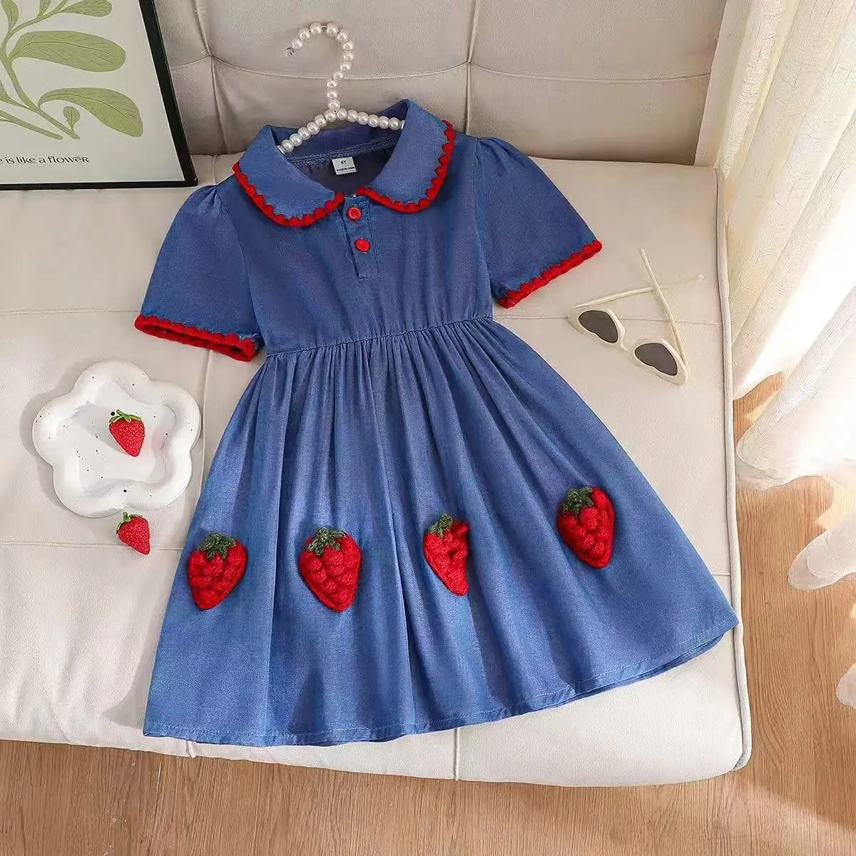 Trending Toddler 4-7Y Girls Preppy Faux Denim Dress with Strawberry Embroidery Fashion