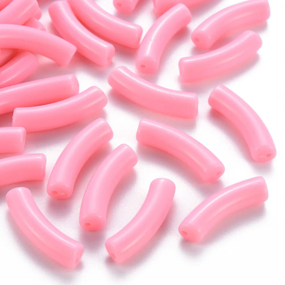 20pc Opaque Acrylic Beads Curved Tube Pink 32x9.5x8mm Hole: 1.8mm