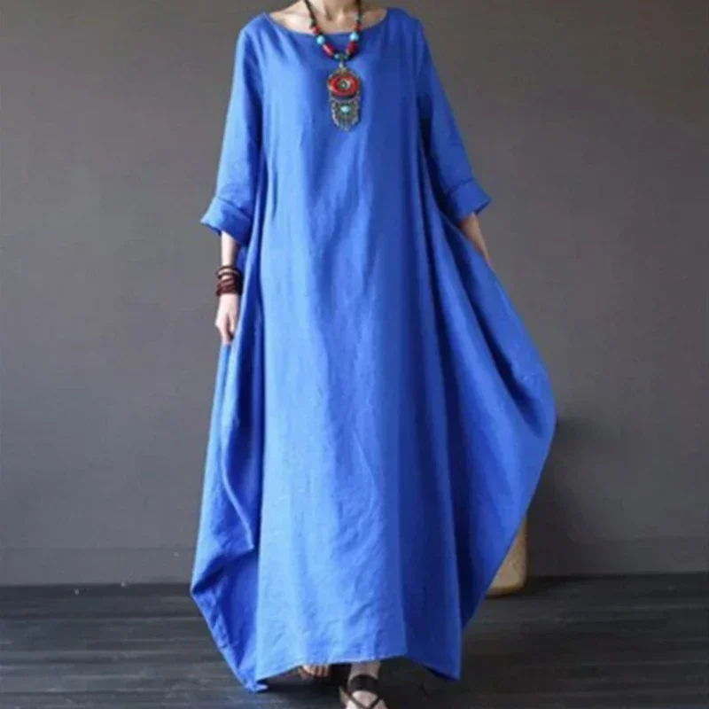 ผู้หญิงฤดูร้อนบางฝ้ายลินินหลวมชุดวรรณกรรม Boho ชุดแขนยาวเลดี้สีทึบ Robe Vintage Kaftan