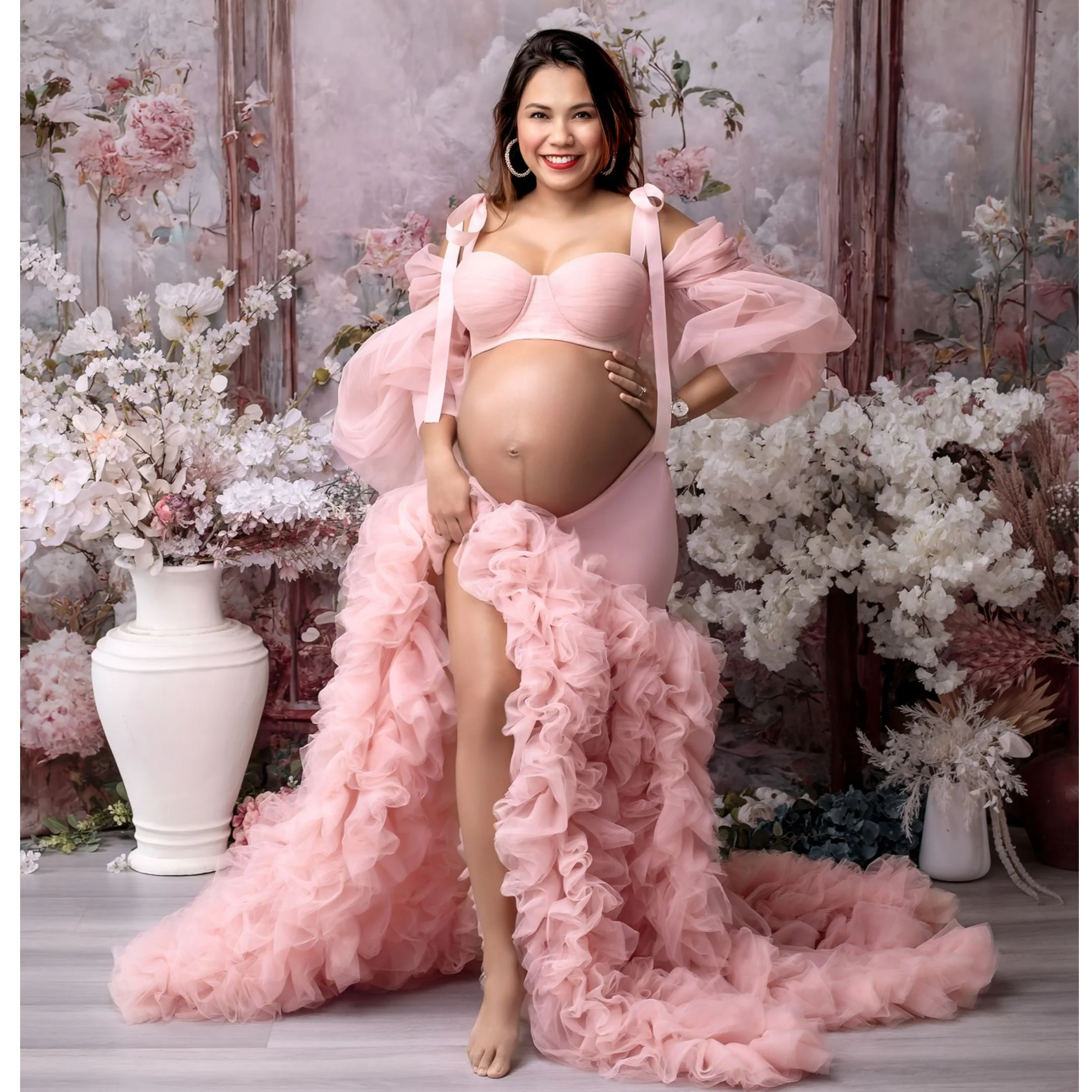 Pink Mermaid Maternity Robes for Photoshoot  2Pcs Tiered Ruffles Pregnant Women Dresses Sexy Side Split Babyshower Gowns