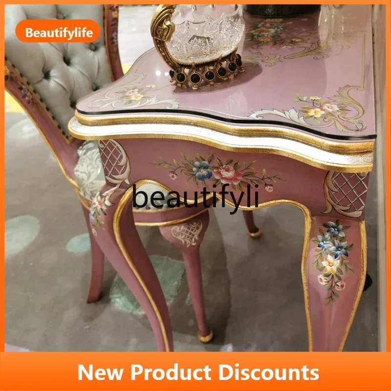B567 b33 French hand-painted flower solid wood writing desk rose red pink study desk