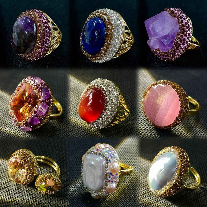 Vintage Natural Amethyst Ring Raw Crystal Stone Adjustable Size for Women Gold Plated Retro Jewelry Suitable for Index Finger