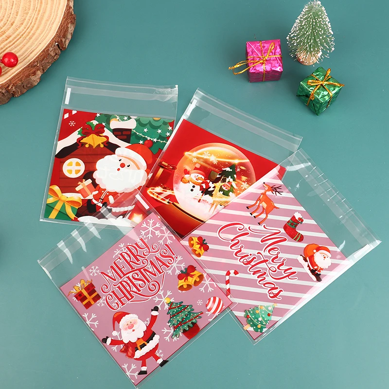 100Pcs Christmas Gift Bag Self Adhesive Cookies Candy Wrapping Bag New Year Party Gift Snack Baking Plastic Bag