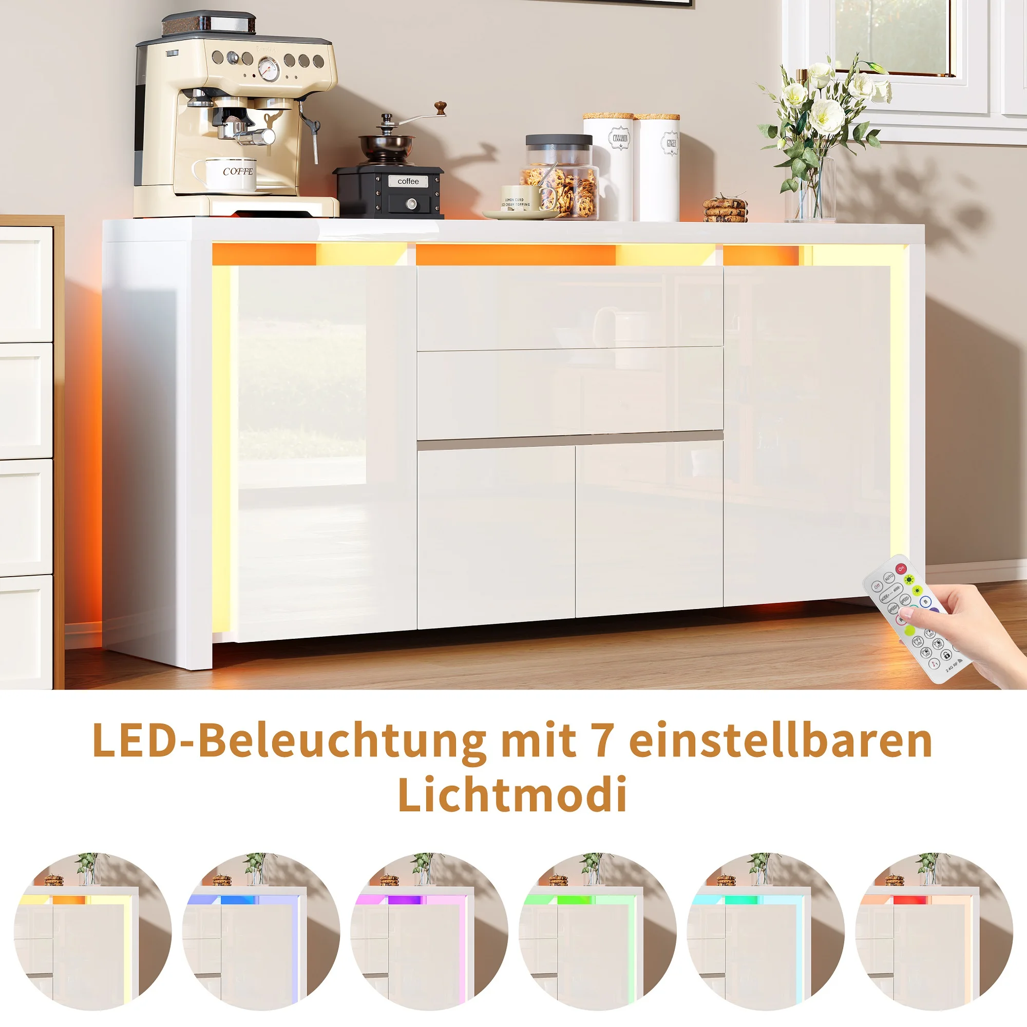 Rosahqnda Sideboard Hochglanzweiß mit LED, modernes Sideboard mit Tür und Schubladen, Buffetschrank, Kommode für die Küche – Detail 13