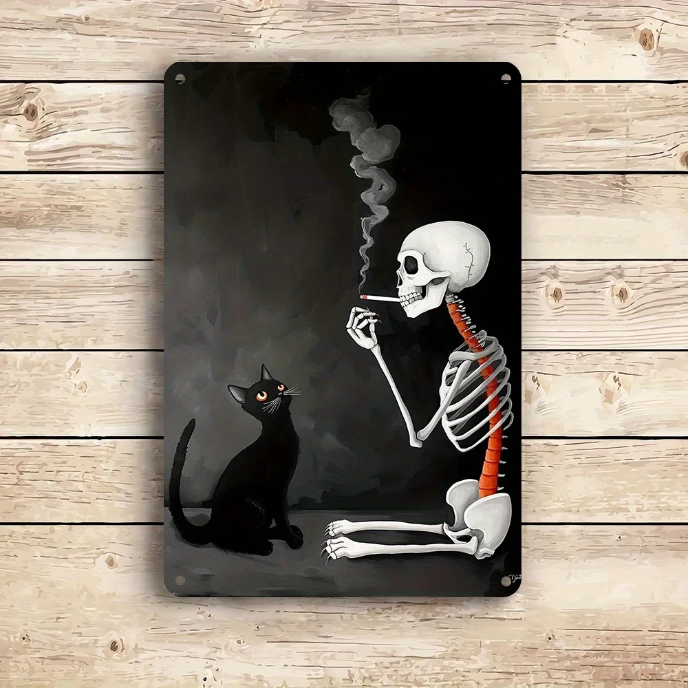 Arte de pared de Metal con calaveras y gatos, hierro, Vintage, blanco y negro, decorativo, con agujeros para fácil colgar, adecuado para el hogar y la Oficina, 1 ud.