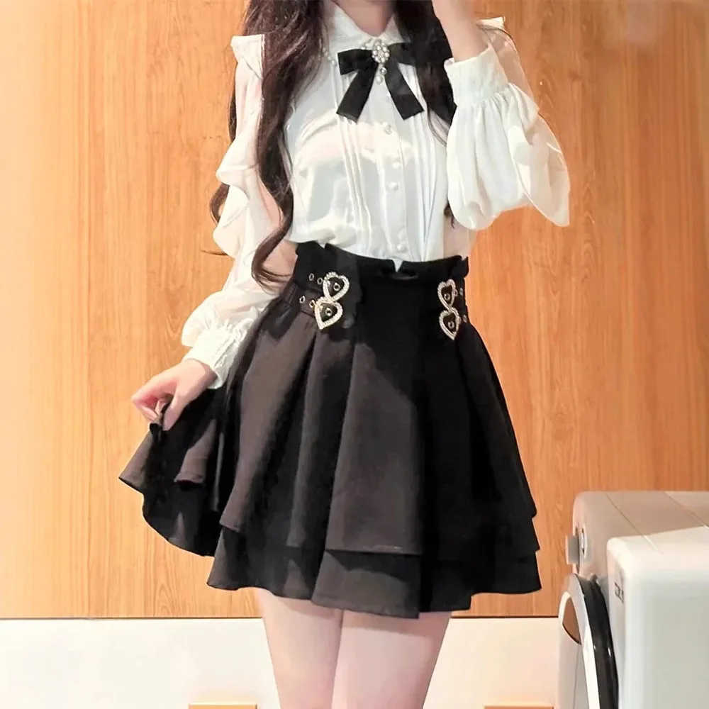 

Japanese Style Women's New Spring/summer Collection Ruffled Shirt Waist Cinched Cake Skirt Two-piece Set