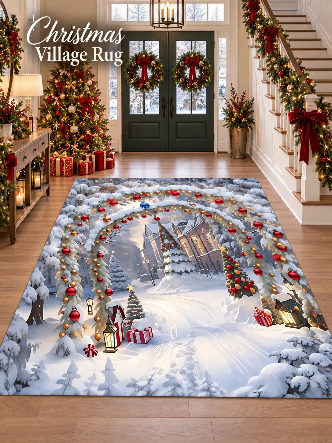 Christmas Rug Village Archway Snow Living Room Bedroom Dining Area Entryway Floor Carpet Gift for Couples Family Neighbors Winter Thanksgiving Birthday Anniversary Housewarming Apartment Cottage Home Styling Sofa Side Reading Nook Holiday Gathering