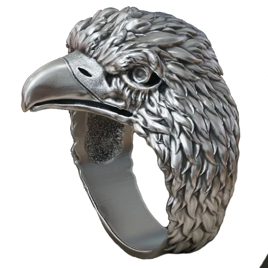 3D Mens Ring Eagle Hawk Falcon Head 925 Solid Sterling Silver Ring High Trendy Polished