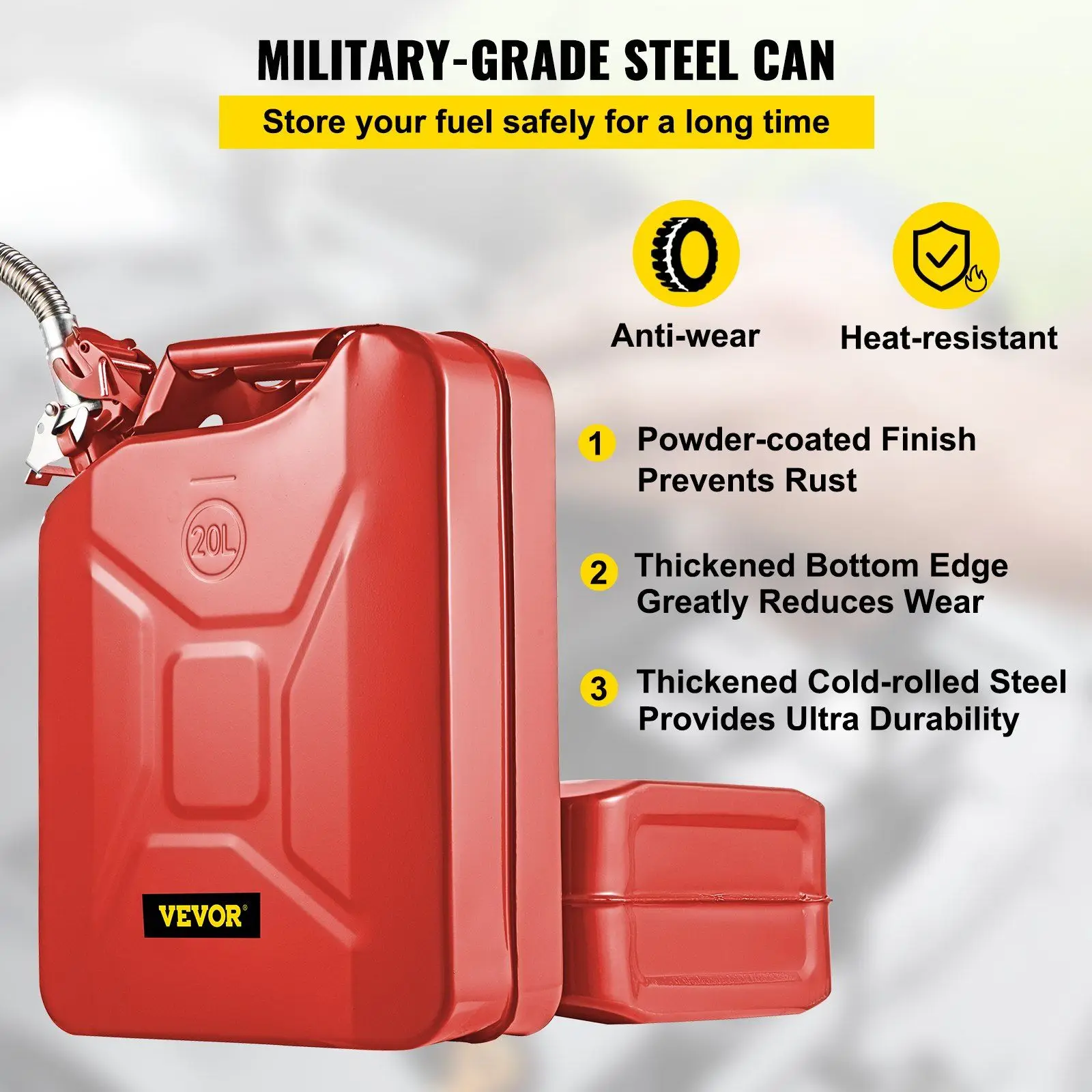 5.3gal/20L Portable Steel Jerry Fuel Can with Flexible Spout, Rustproof Heat-resistant for Cars Trucks Equipment, Red