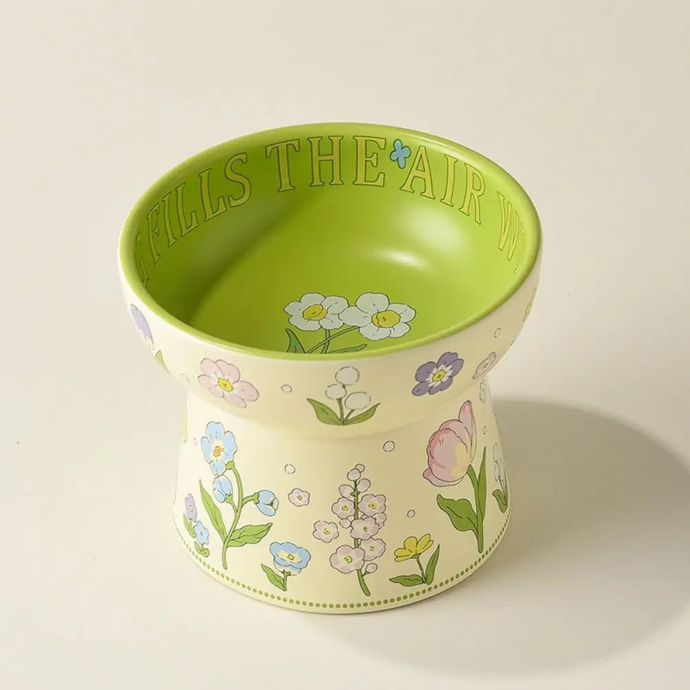 Green Ceramic Cat Bowl Rabbit Flower High Foot Diagonal Pet Feeding Bowl Non-Slip Cat Canned Food Bowl For Drinking Feeding view 4