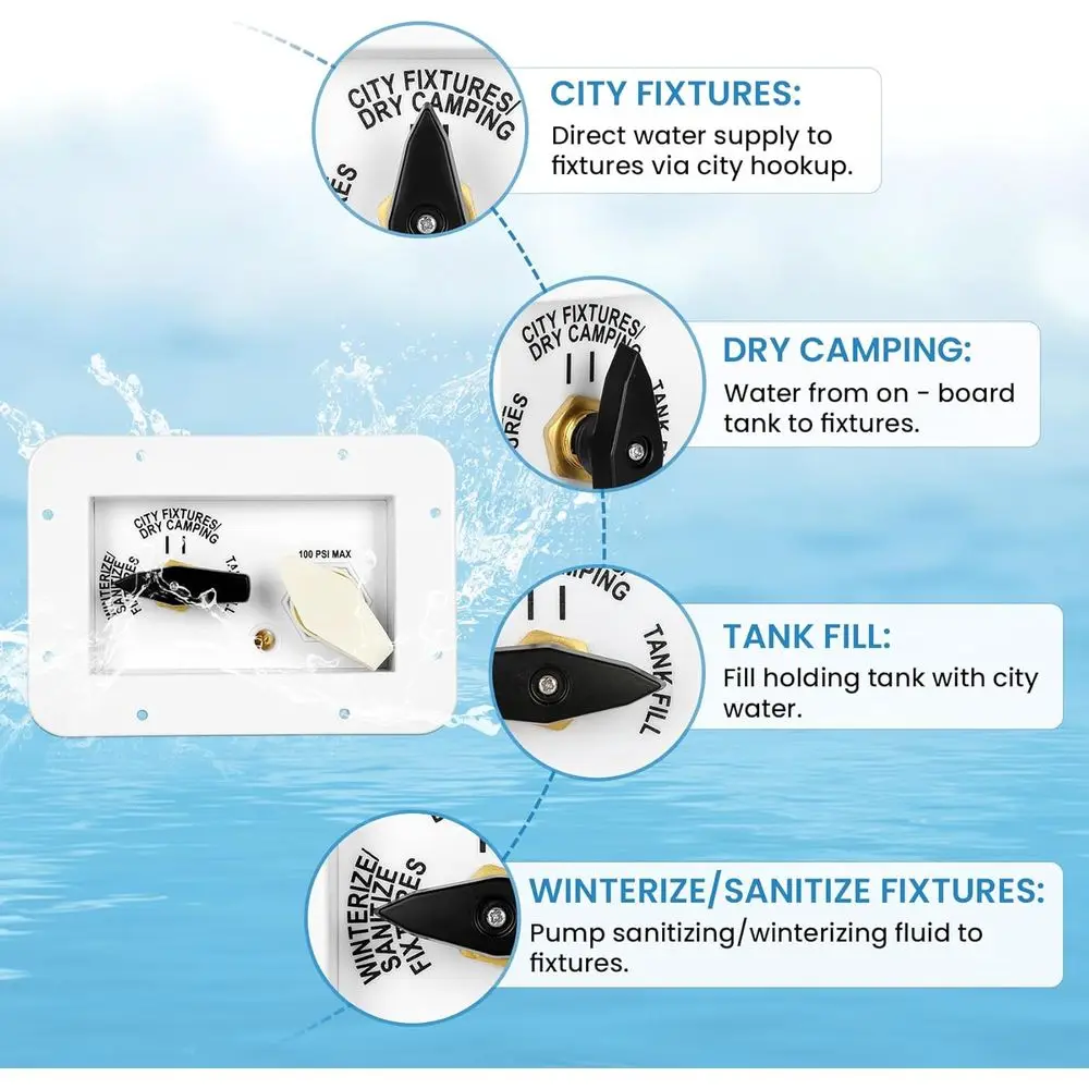 لوحة خدمة المياه Vikua RV مع 4 وظائف 3 أوضاع إمداد صمام نحاسي لتركيبات مدينة الخزان والتخييم الجاف، 3/4 بوصة