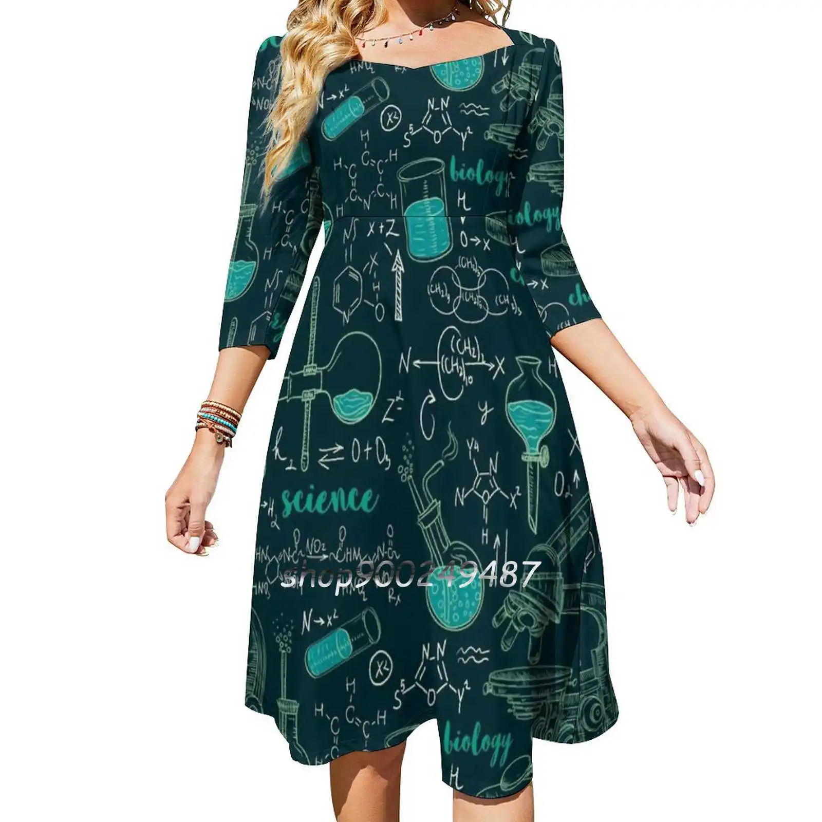 Vintage Seamless Pattern Old Chemistry Laboratory With Sweetheart Knot Flared Dress Fashion Design Large Size Loose Dress