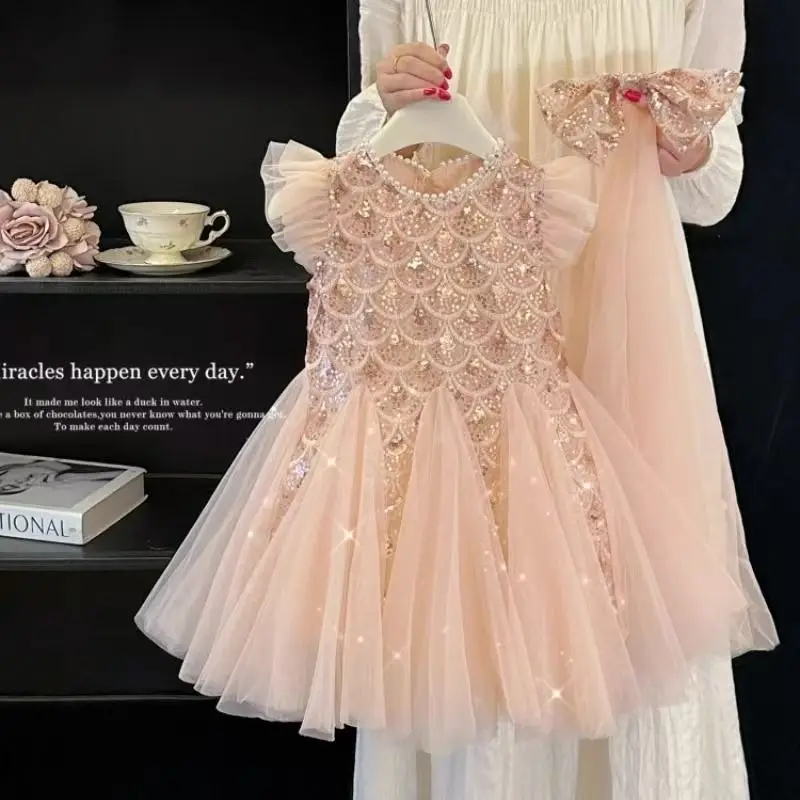 

2025 New Summer Party Dresses for Girls Children's Elegant Fashion Mesh Flying Sleeves Sequined Tank Top Princess Skirt