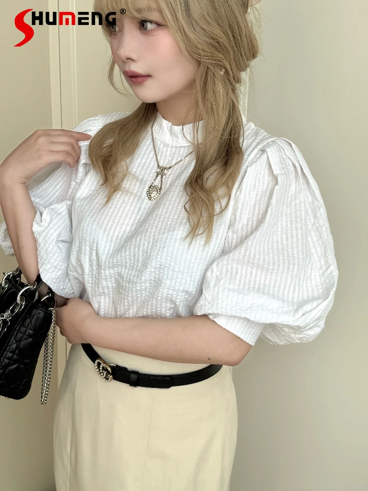 

Japanese Style Elegant Sweet Shirts Round Neck Back Lace-up Bow Bubble Sleeve Simple Commuter Versatile Blouse Tops Women Summer