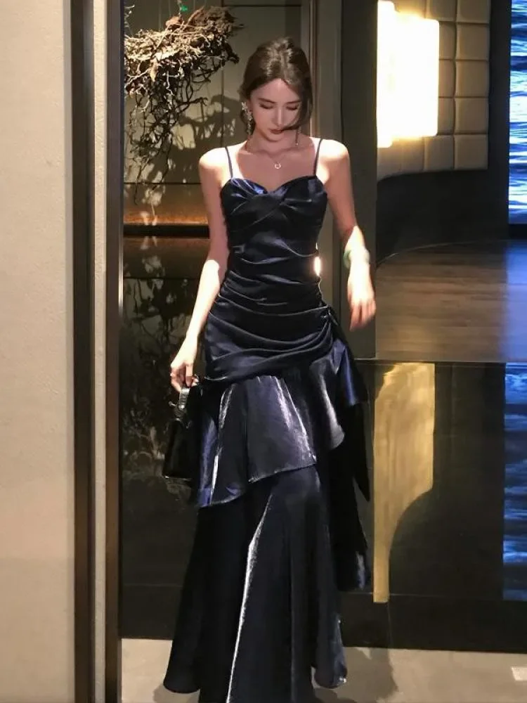

Women Blue Elegant Sexy Long Dresses French Pleated Slip Sleeveless Prom Vestidos Birthday Evening Party Dress