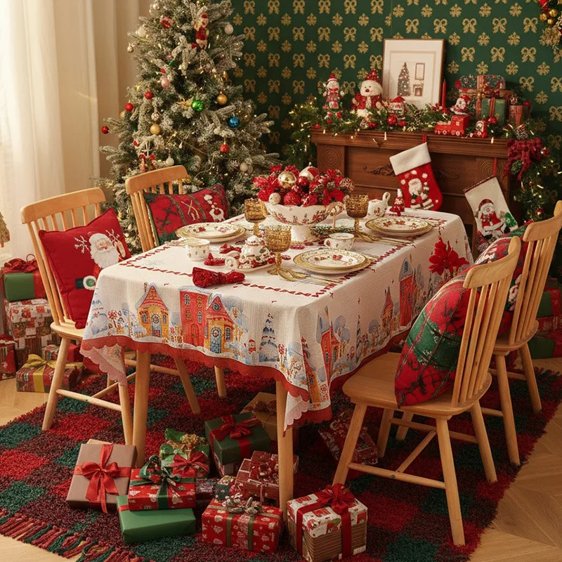 

New American Tablecloth with Christmas Theme Dust-proof Dining Table Cloth Holiday Beautification Decorative Atmosphere Durable