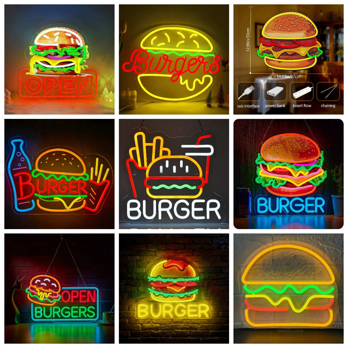 Hamburger Neon Sign USB Dimmable LED Light For Burger Shop Fast Food Restaurant Storefront Window Wall Decoration Neon Billboard