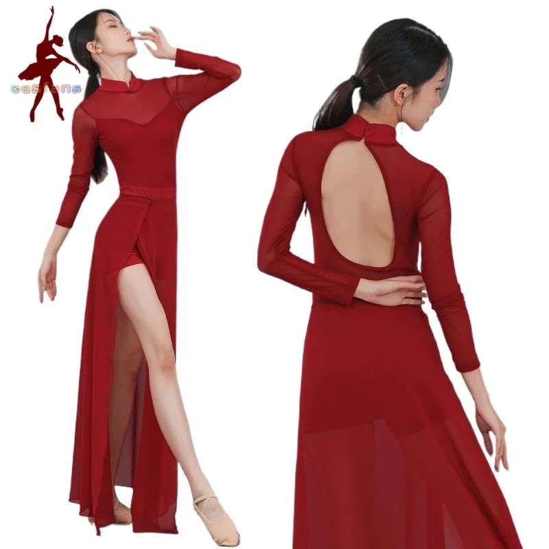 

Women Modern Lyrical Dance Performance Costume Sleeveless Rhinestone Split Mesh Leotard Dress for Ballet Gymnastics Skating