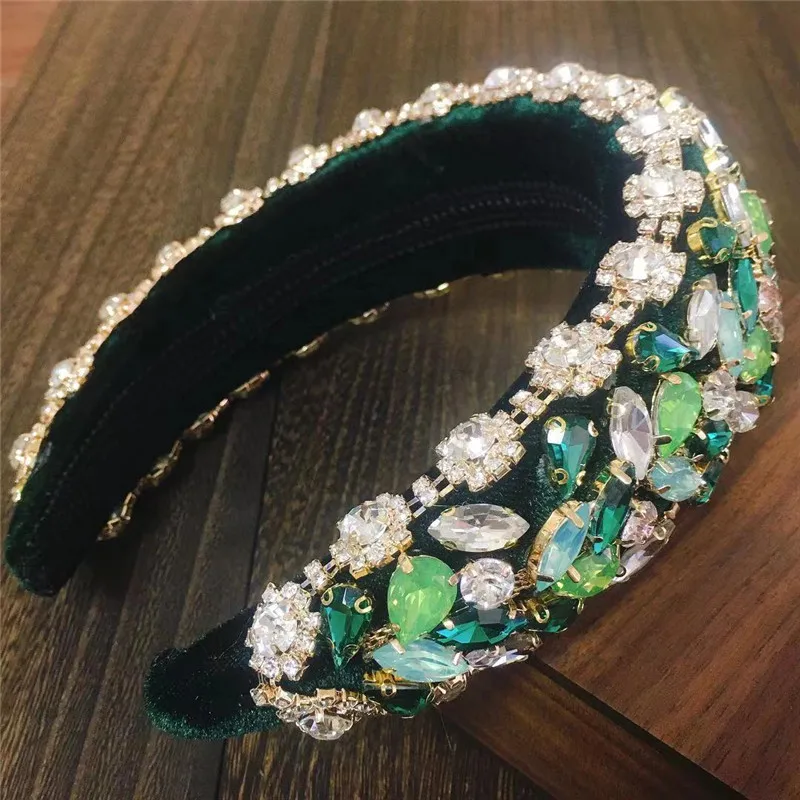 Ins Full Crystal Luxury Baroque Padded Headband For Women Diamond Rhinestone Hairband Wide Green Thick Headwear Wholesale