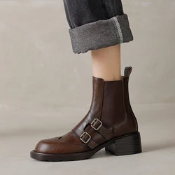 NEW Autumn Women Boots Round Toe Chunky Heel Shoes Split Leather Shoes for Women Slip-on Ankle Boots Belt Buckle Chelsea Boots