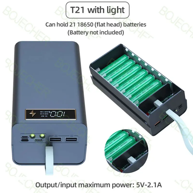 T21 Battery Box 21*18650 with Flashlight Battery Charger Box DIY Shell Case Dual USB 18650 Battery Shell Storage Organize