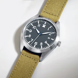 Mechanical Watches Canvas Flieger Aviator Pilot Wristwatch Olive Green Arrow WWII German WW2 Automatic Movement  Japan Sapphire