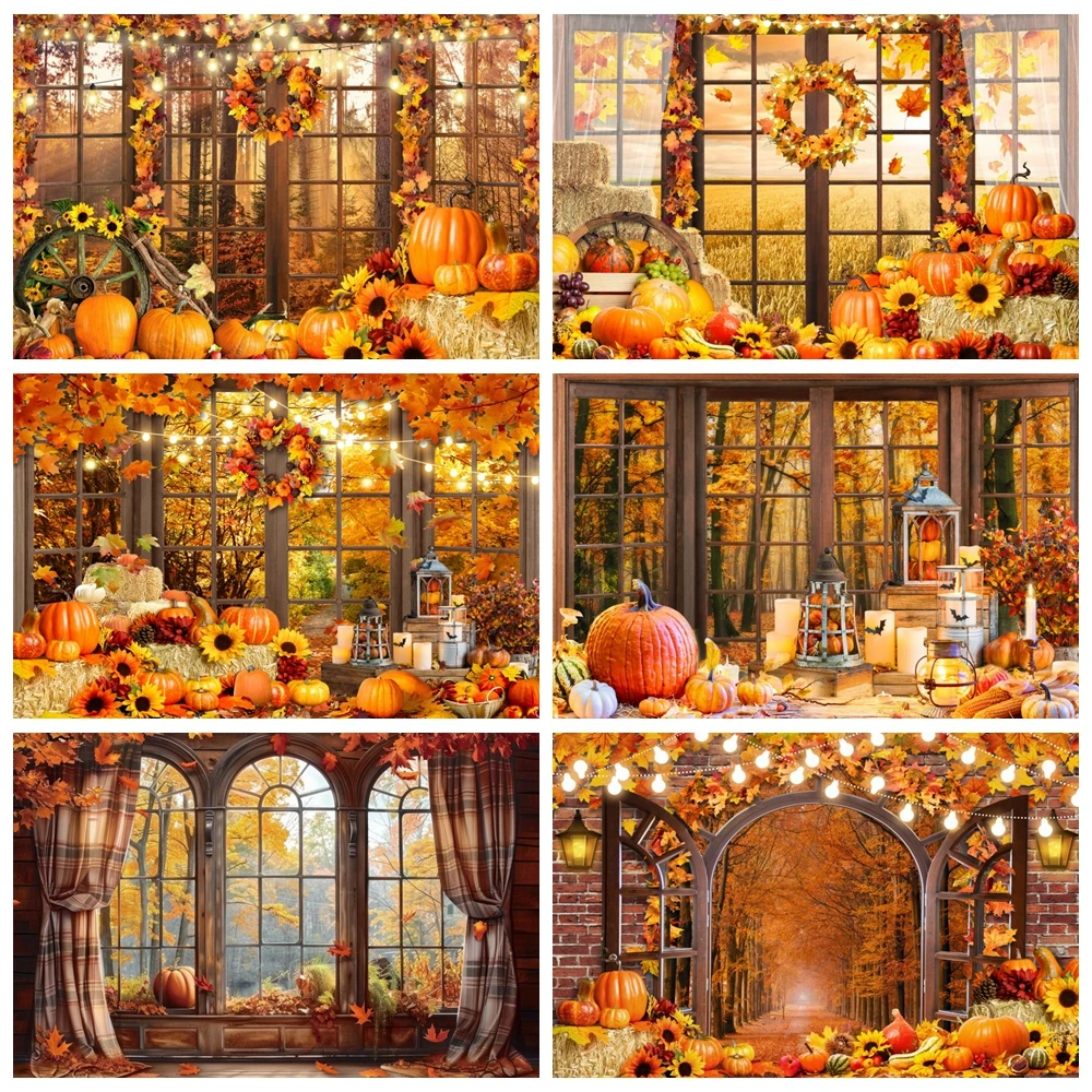 

Autumn Forest Window Photography Backdrop Fall Maple Leaves Pumpkin Harvest Thanksgiving Kids Portrait Photo Background Decor