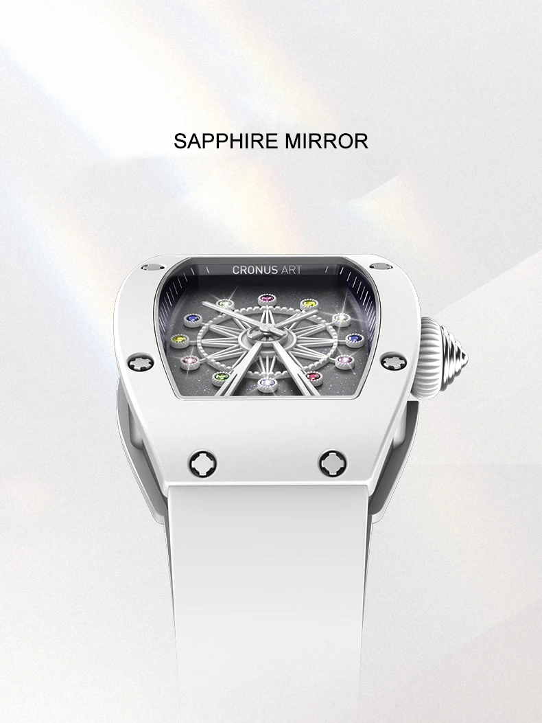 CRONUSART Orologio da donna di lusso Tonneau Orologio da polso al quarzo da donna Cassa in ceramica Cinturino in gomma fluorurata Quadrante ruota panoramica girevole