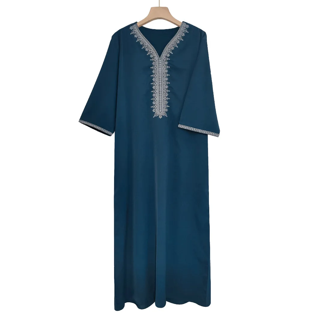 2025 New Muslim Mid Sleeve Embroidered Ethnic Style Moroccan Men's Robe Side Pocket Abaya Ramadan Dubai Luxury Islam Elegant