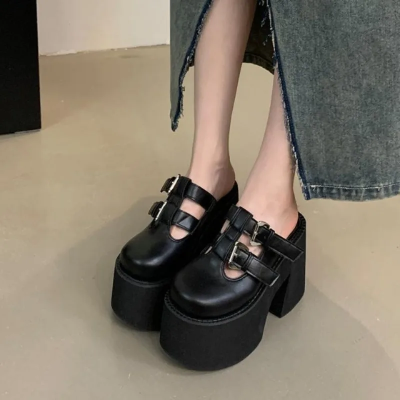 Fujin 11cm Platform Wedge Summer Sandals ROME Mary Jane Shoes Women Round Toe Slip on Genuine Leather Moccasins Slipper British