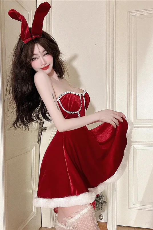 2023 Summer New Women\'s clothing Sexy Christmas New Year Chest wrapping Plush Waist retraction Solid color A-line Dress FMJI