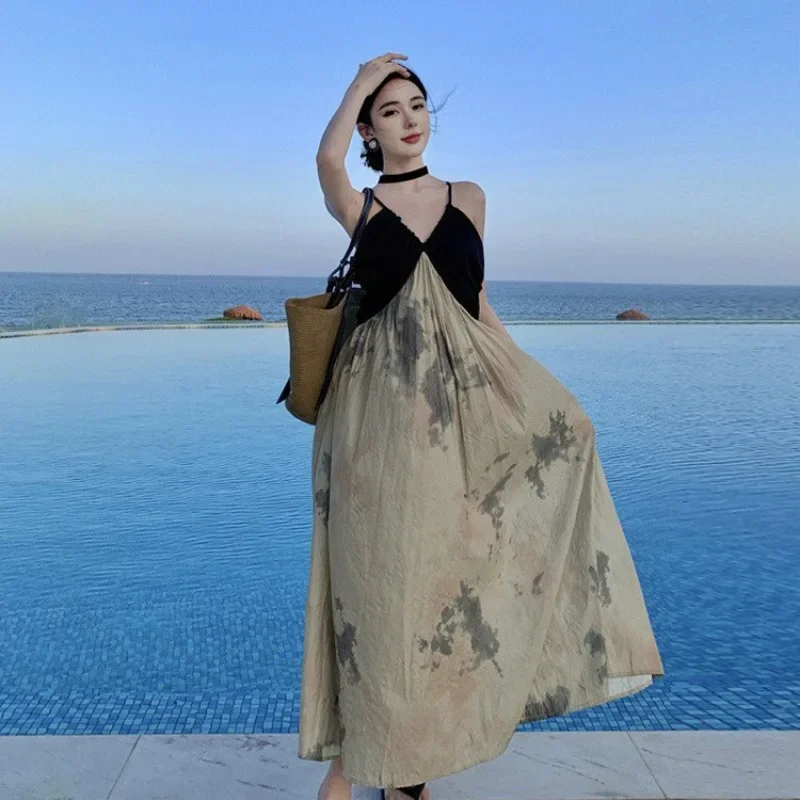 Retro Inktprint Strandjurk Dames Chinese Stijl Vakantie Patchwork Sexy V-hals Zomer Casual Jarreteljurken met Zak