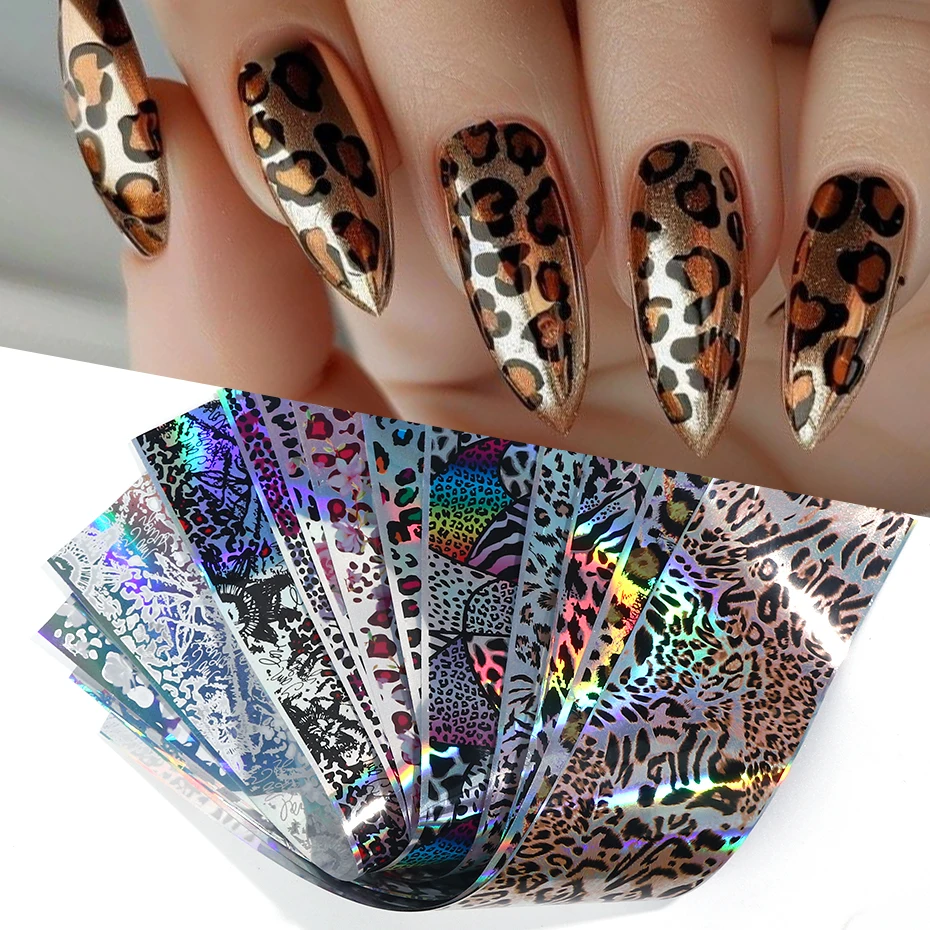 10pcs Winter Laser Leopard Pattern Nail Art Foils Wild Animal Print Transfer Sliders DIY Charm Starry Paper Sexy New Year Decor